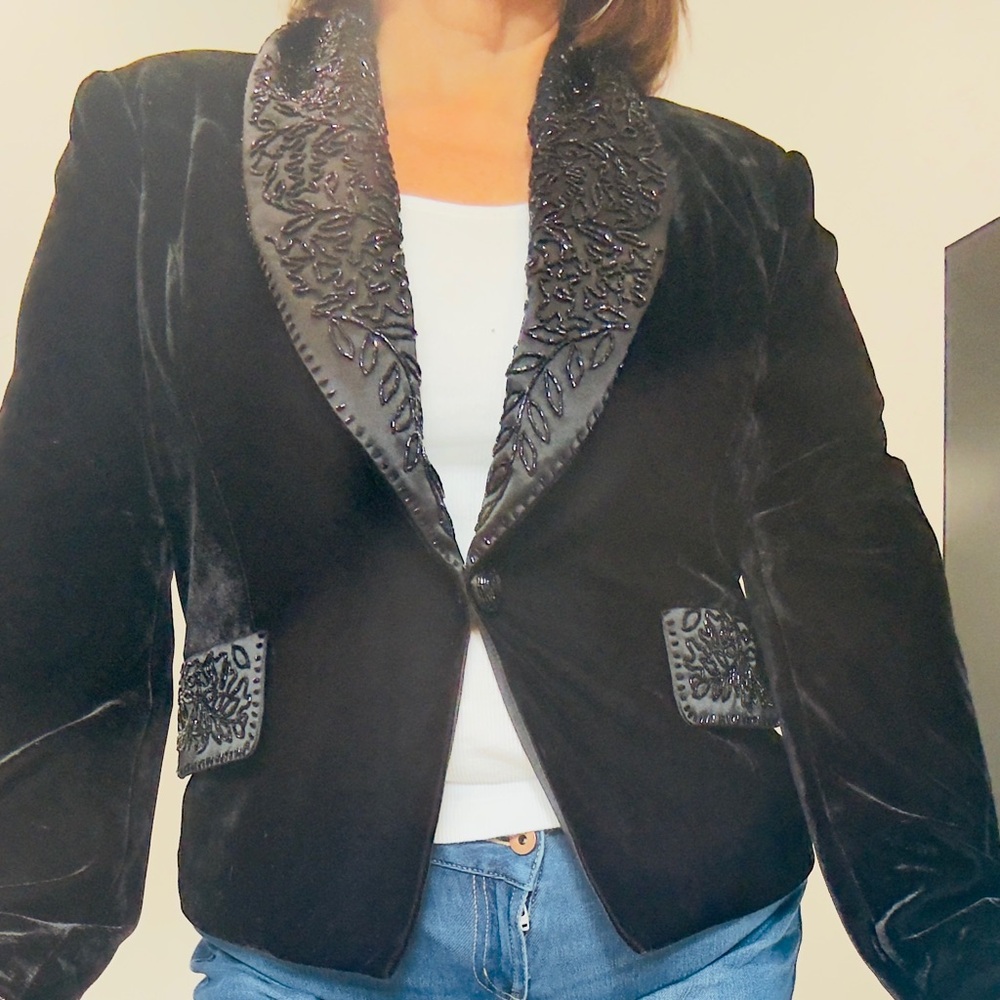 Vintage Victor Costa Black Velvet Embroidered Collar Jacket Sz 14